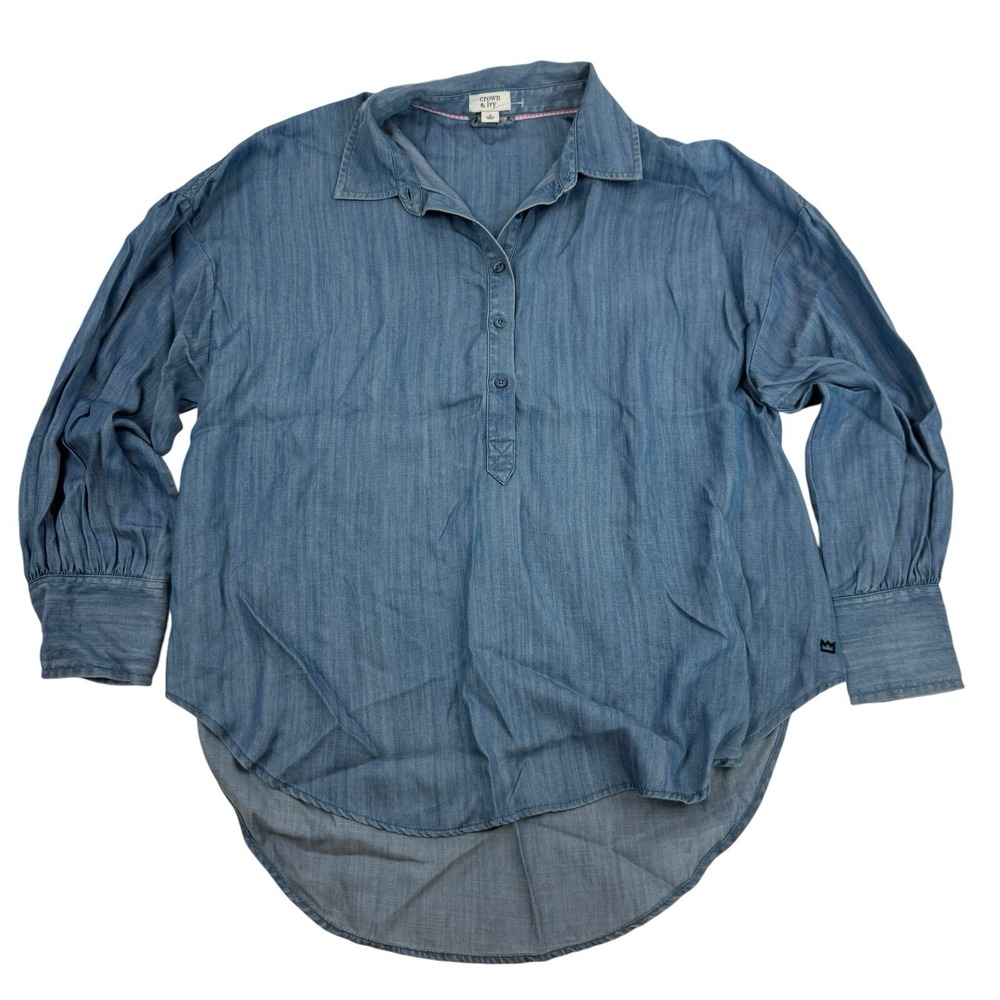 Crown & Ivy Blue Chambray Blouse-Drop Sleeves Henley Neck Collared Sz S Lyocell